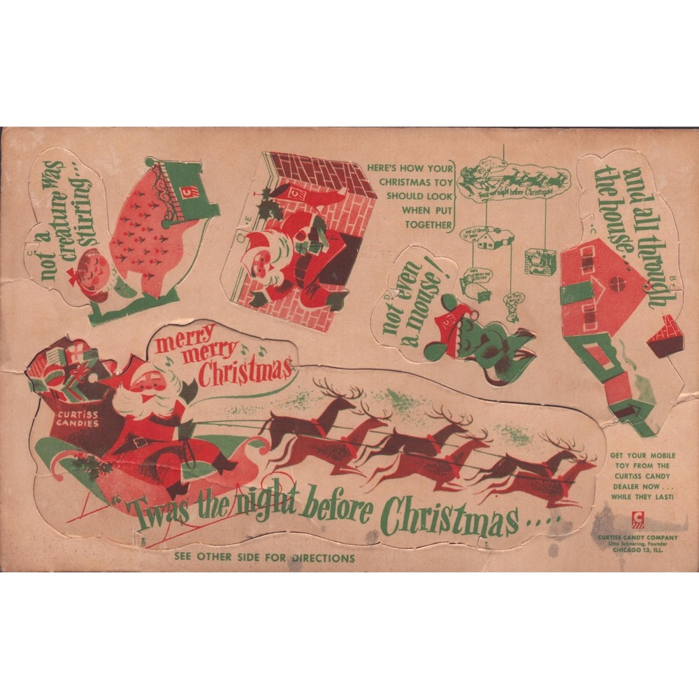 Vintage Curtiss Candy Twas the Night Before Christmas Punch Out Mobile Toy Card